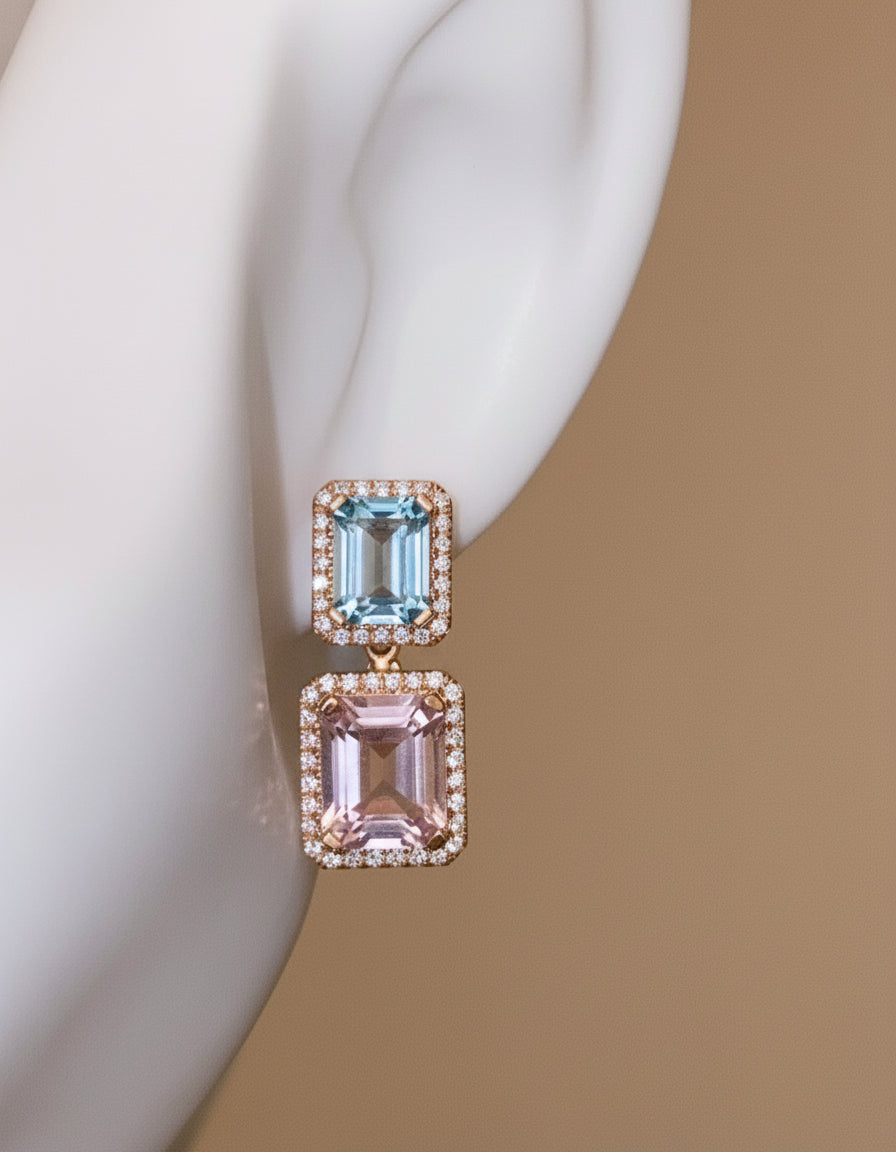 Orecchini a perno in oro rosa 18 carati con diamanti naturali, acquamarina e morganite.