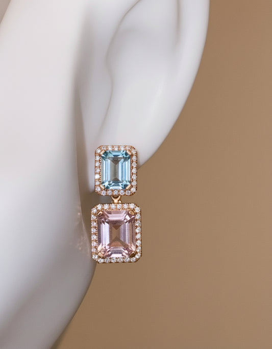 Orecchini a perno in oro rosa 18 carati con diamanti naturali, acquamarina e morganite.