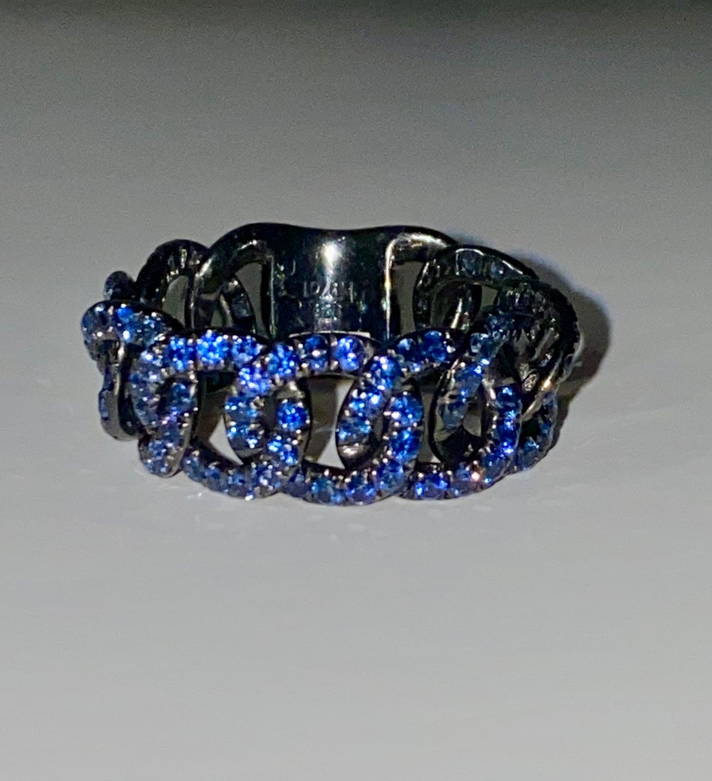 A ring set of two:Platinum Natural Diamond Chain Ring, Sterling natural Sapphire Ring (Resizable)