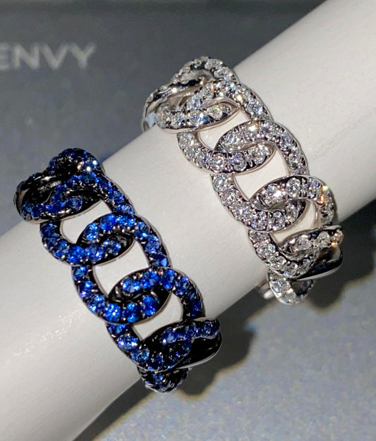 A ring set of two:Platinum Natural Diamond Chain Ring, Sterling natural Sapphire Ring (Resizable)