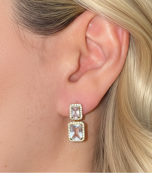 18K solid yellow gold natural diamond and rock crystal earrings