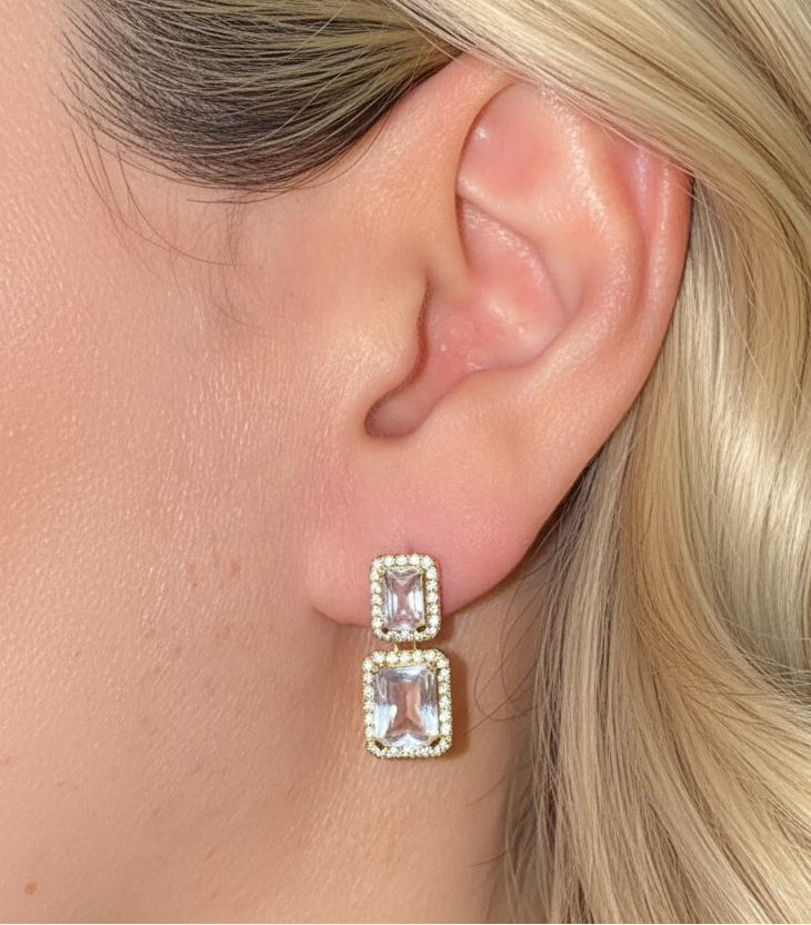 18K solid yellow gold natural diamond and rock crystal earrings