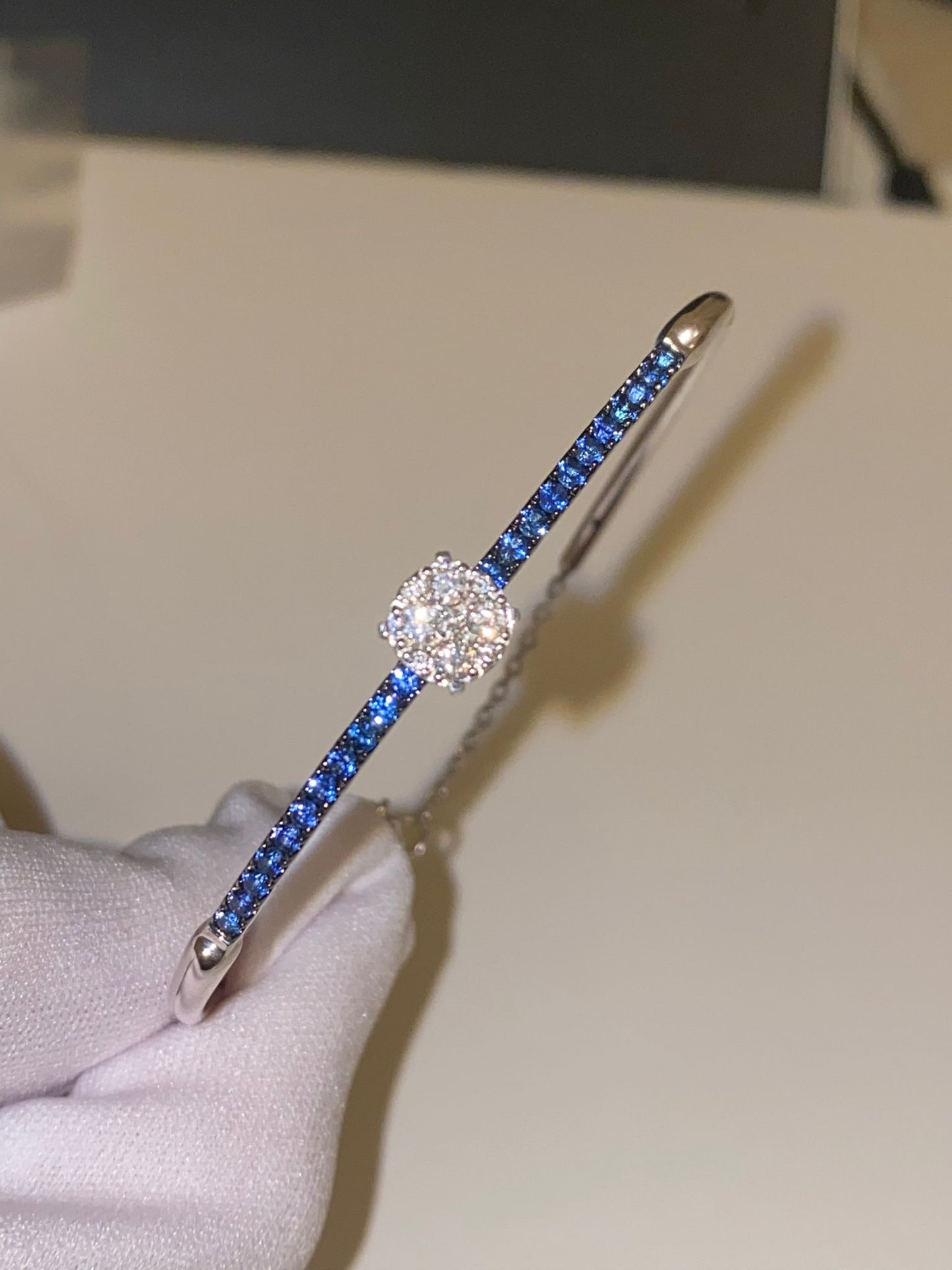 sterling silver natural diamond and blue sapphire bangle