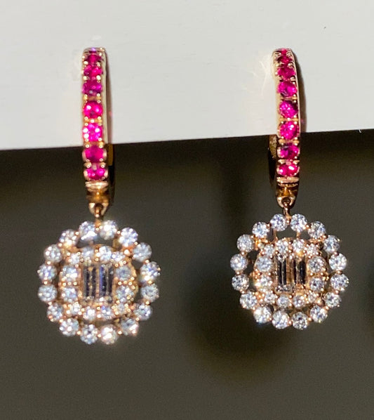 Orecchini in oro massiccio 18 carati con diamanti naturali e zaffiri/rubini