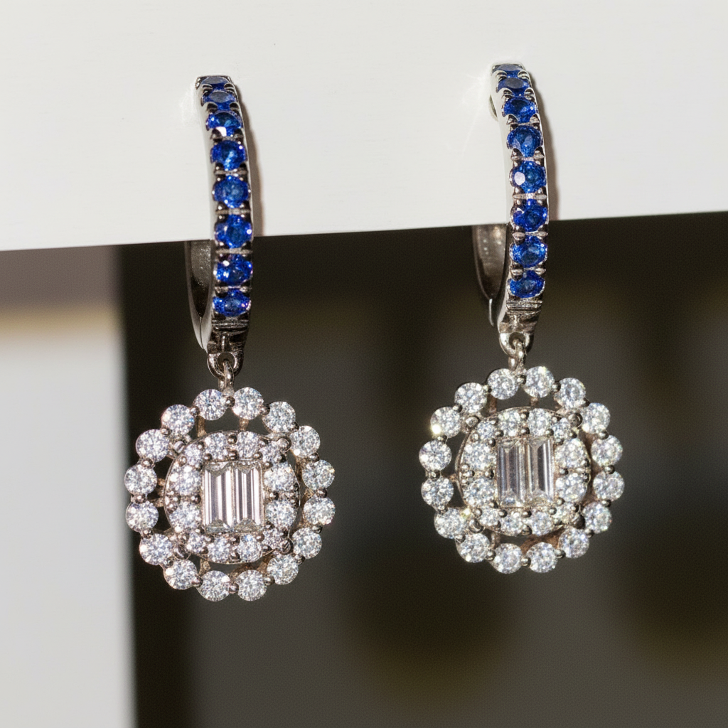 Orecchini in oro massiccio 18 carati con diamanti naturali e zaffiri/rubini