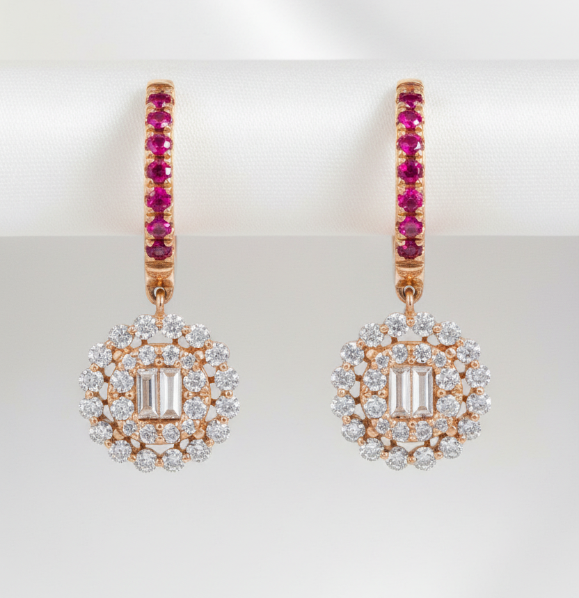 18k solid gold natural diamond Peony earrings-Ruby/ Sapphire