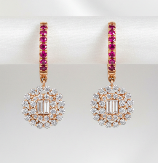 Orecchini in oro massiccio 18 carati con diamanti naturali e zaffiri/rubini