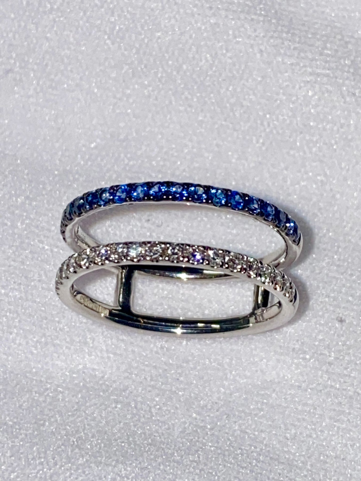 Natural diamond and blue sapphire double row ring in sterling silver