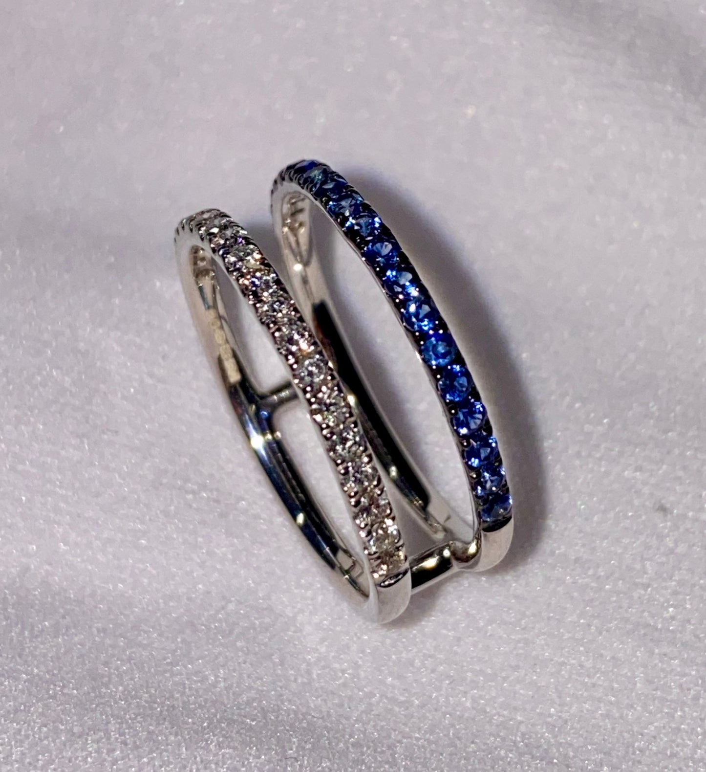 Natural diamond and blue sapphire double row ring in sterling silver