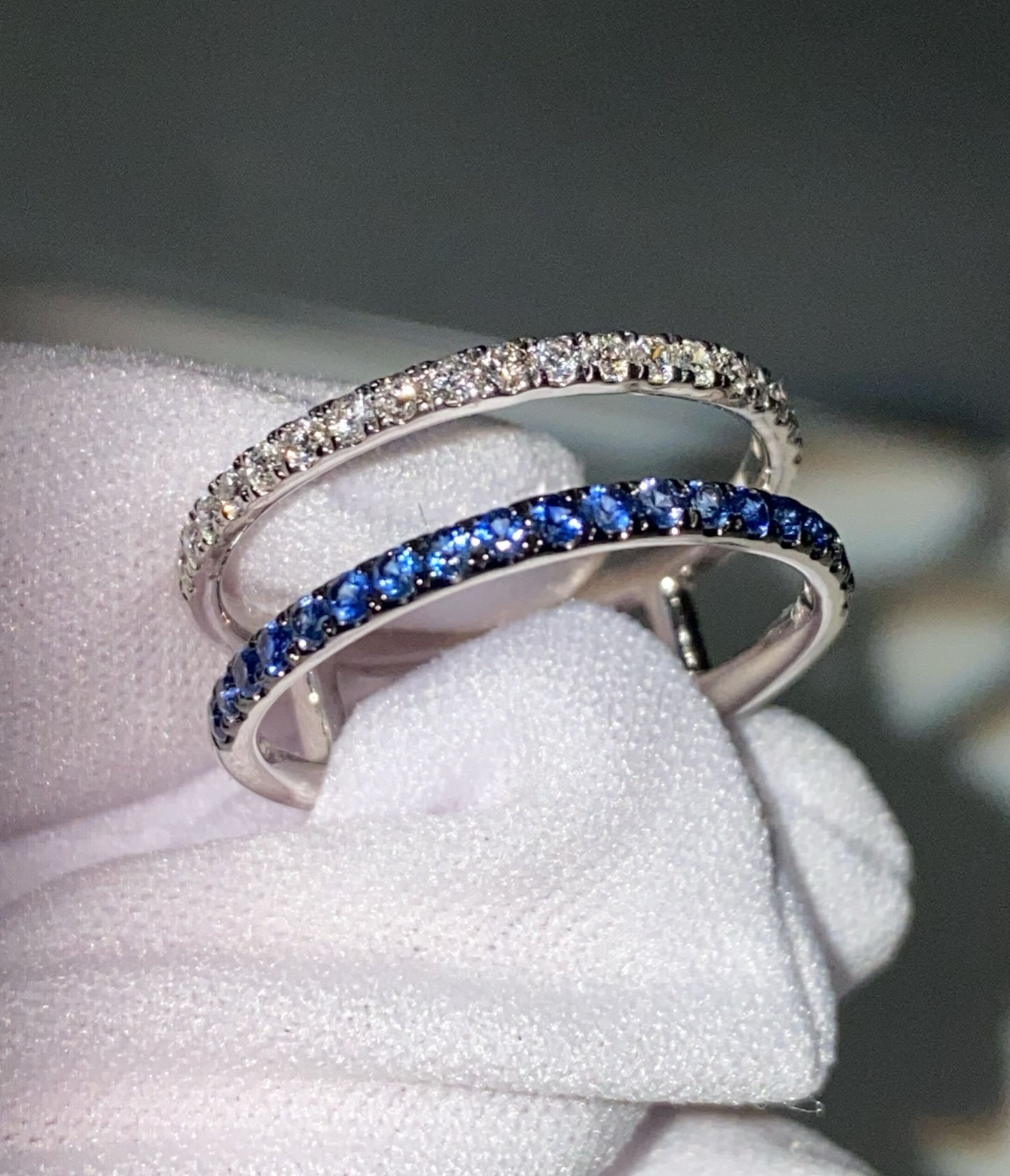 Natural diamond and blue sapphire double row ring in sterling silver