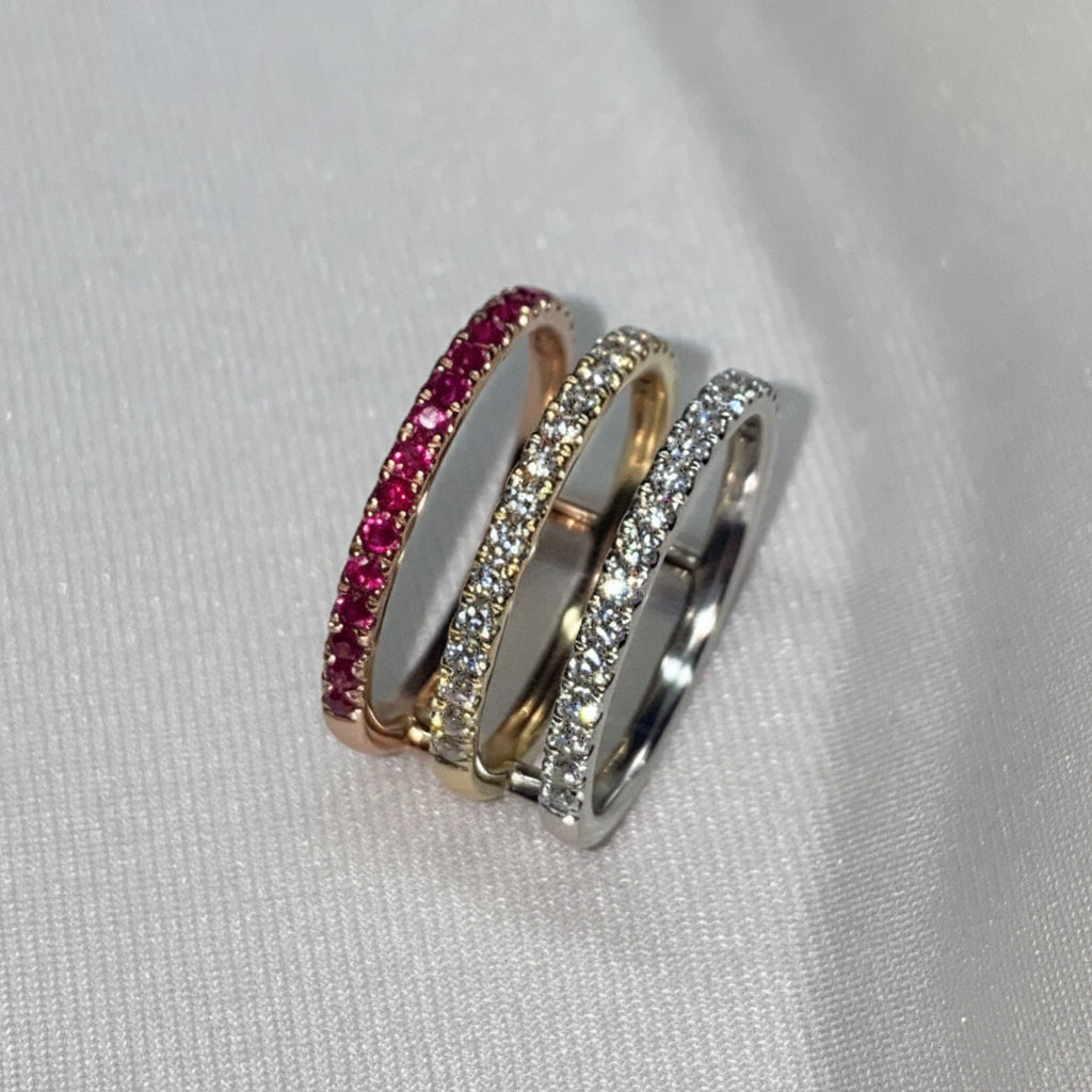 Anello in oro massiccio 14 carati con diamanti naturali e rubini (misura regolabile)