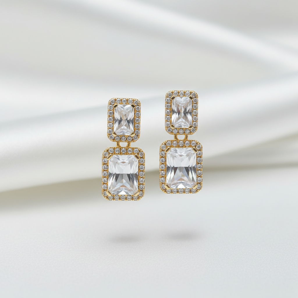 18K solid yellow gold natural diamond and rock crystal earrings