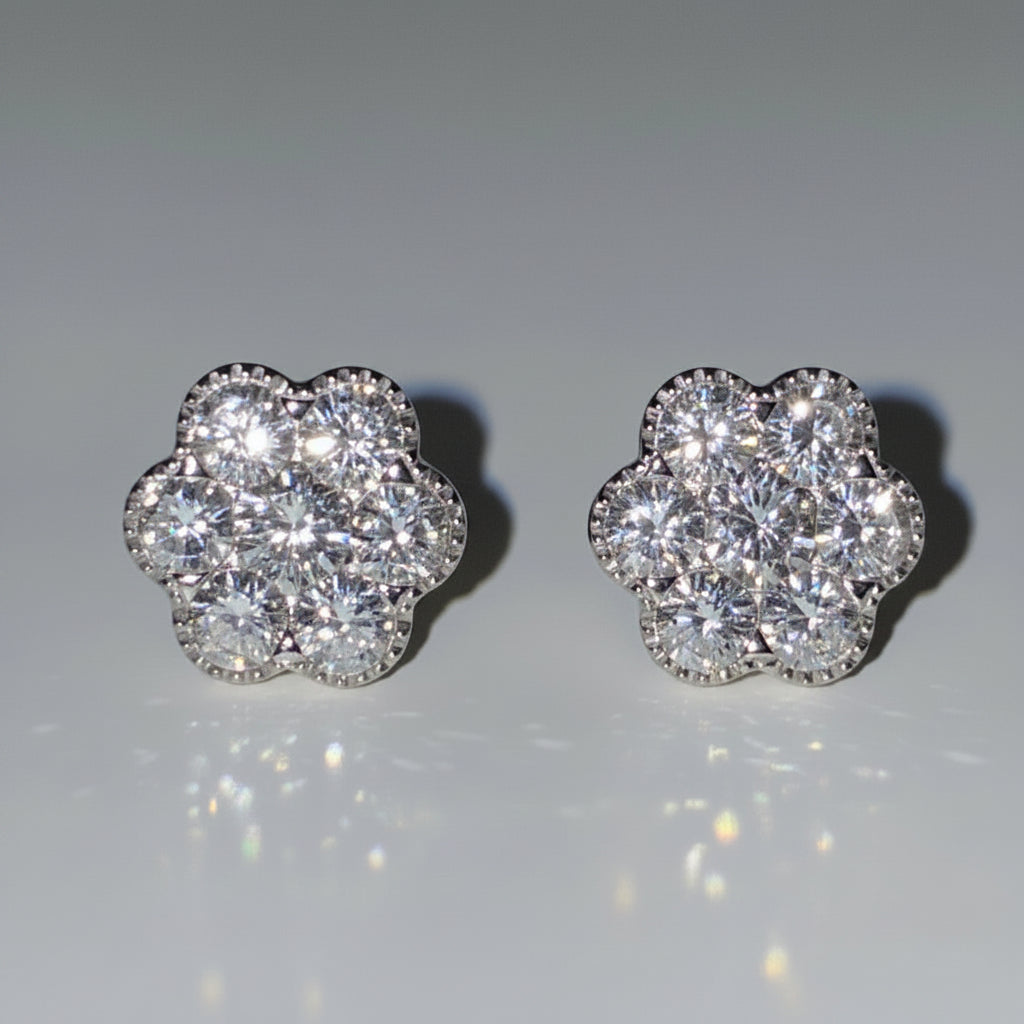 14 karat solid gold periwinkle diamond floral earring studs