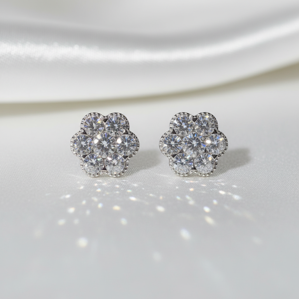 14 karat solid gold periwinkle diamond floral earring studs