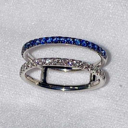 Anello a doppia fila con diamanti naturali e zaffiri blu in argento sterling (misura regolabile)