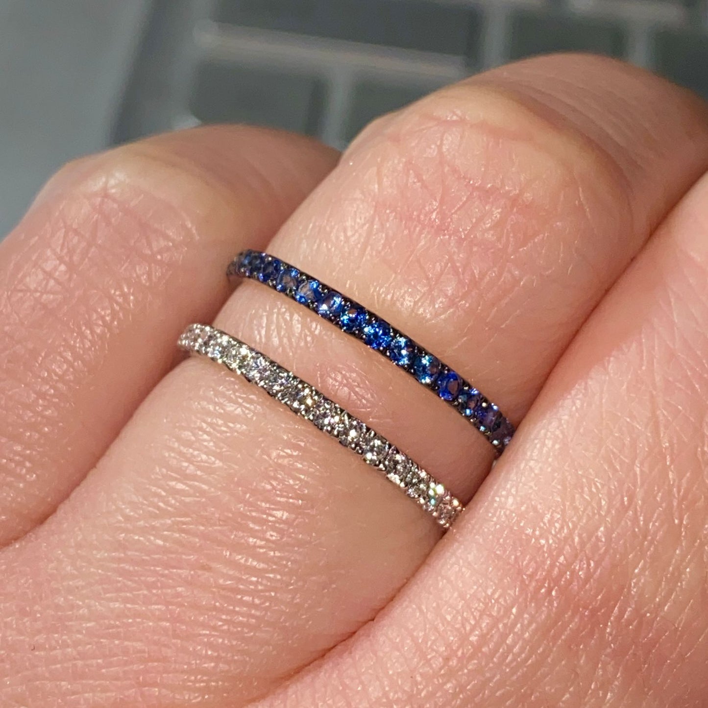 Anello a doppia fila con diamanti naturali e zaffiri blu in argento sterling (misura regolabile)