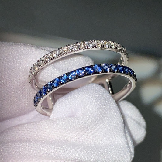 Anello a doppia fila con diamanti naturali e zaffiri blu in argento sterling (misura regolabile)