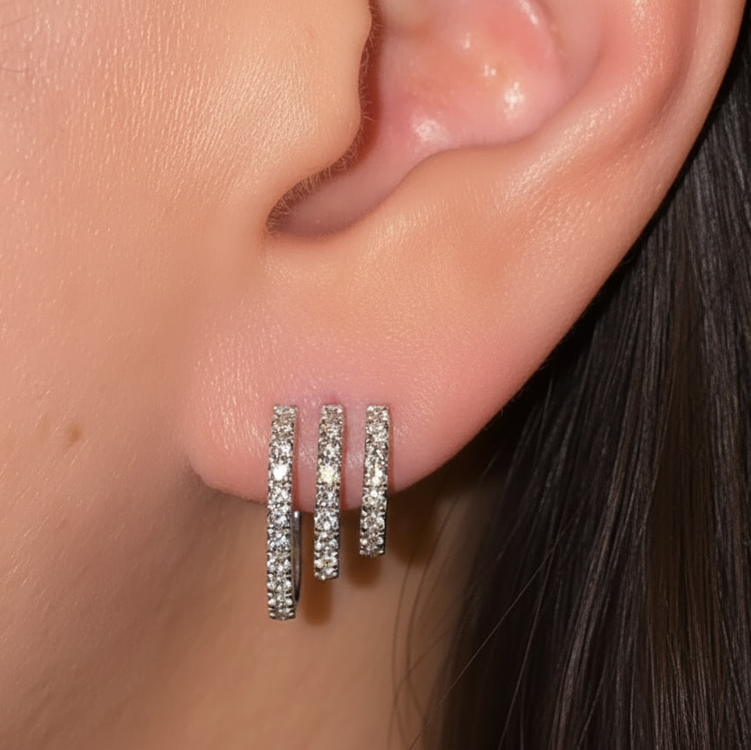 Platinum 950 0.78CT natural diamond triple hoop earring posts