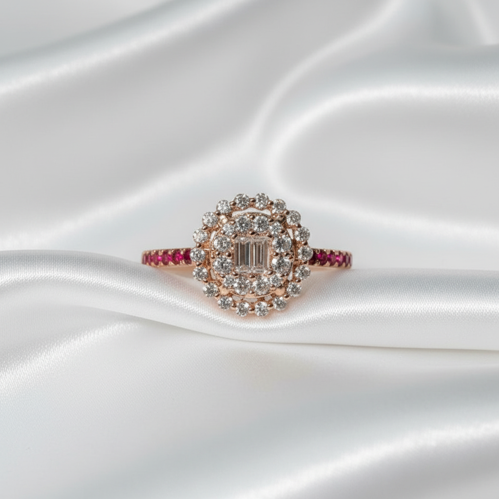 18k solid gold natural diamond peony ring -ruby