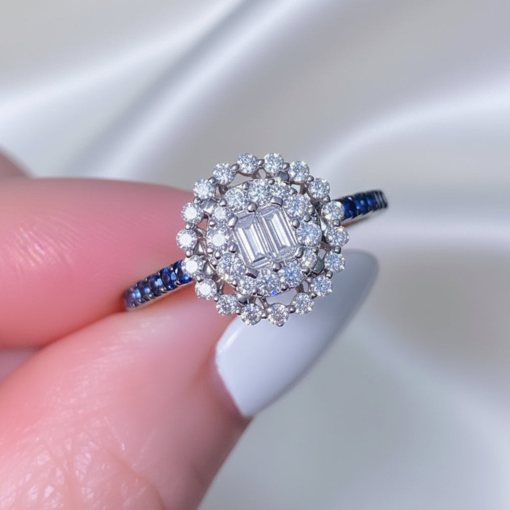 18k solid gold natural diamond Peony ring-blue sapphire