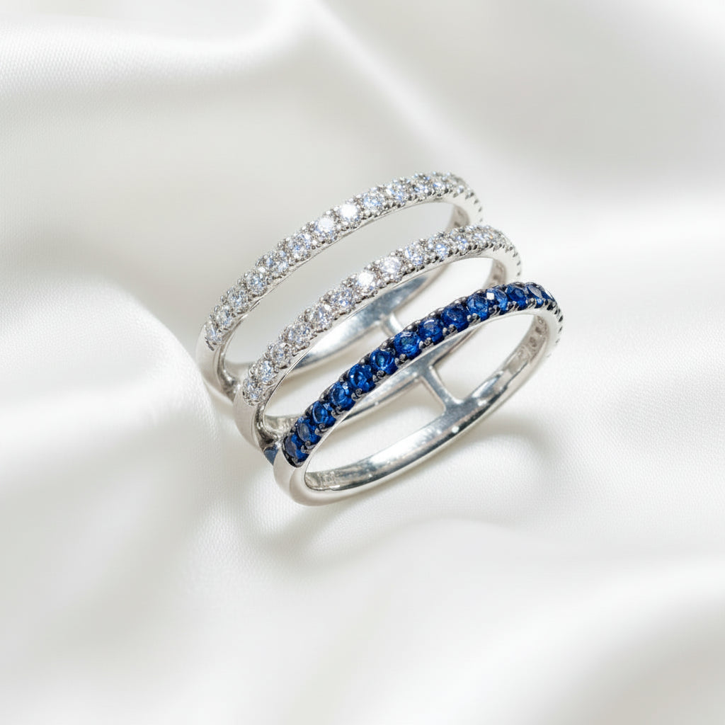 Natural diamond and blue sapphire triple line ring in Sterling Silver