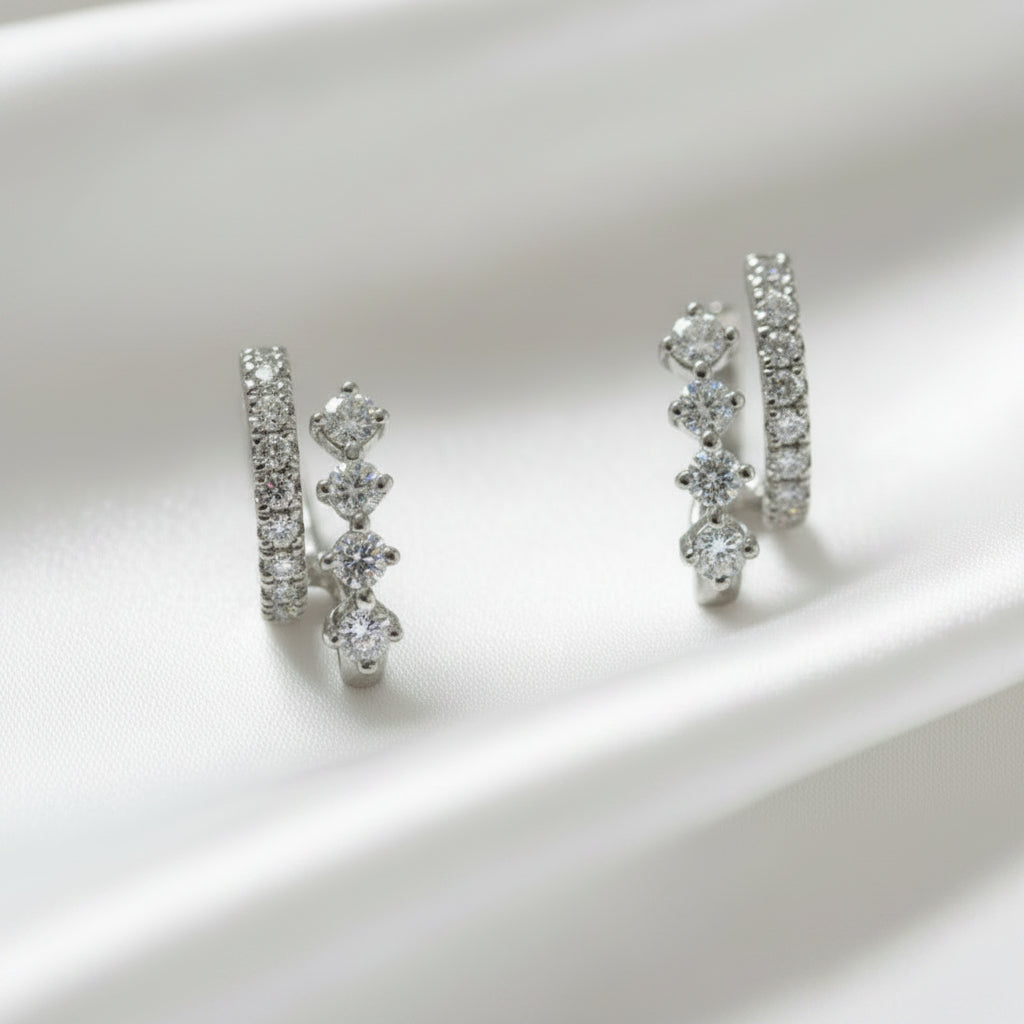 14 karat solid gold natural diamond double hoop earrings