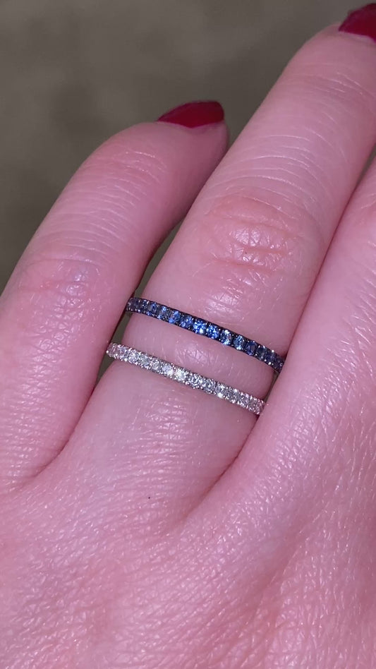 Natural diamond and blue sapphire double row ring in sterling silver