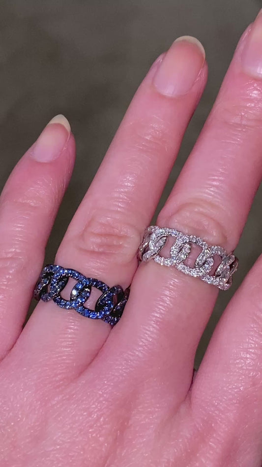 A ring set of two:Platinum Natural Diamond Chain Ring, Sterling natural Sapphire Ring (Resizable)