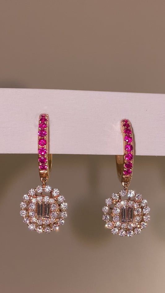 Orecchini in oro massiccio 18 carati con diamanti naturali e zaffiri/rubini