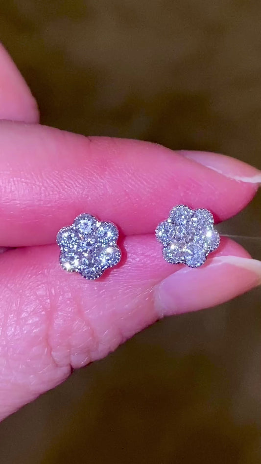14 karat solid gold periwinkle diamond floral earring studs