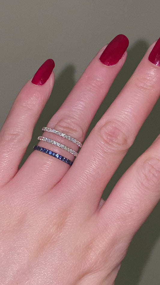 Natural diamond and blue sapphire triple line ring in Sterling Silver